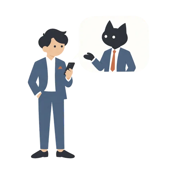 スマホの画面の吹き出しに、AIMAの黒猫が出てくるイラスト
